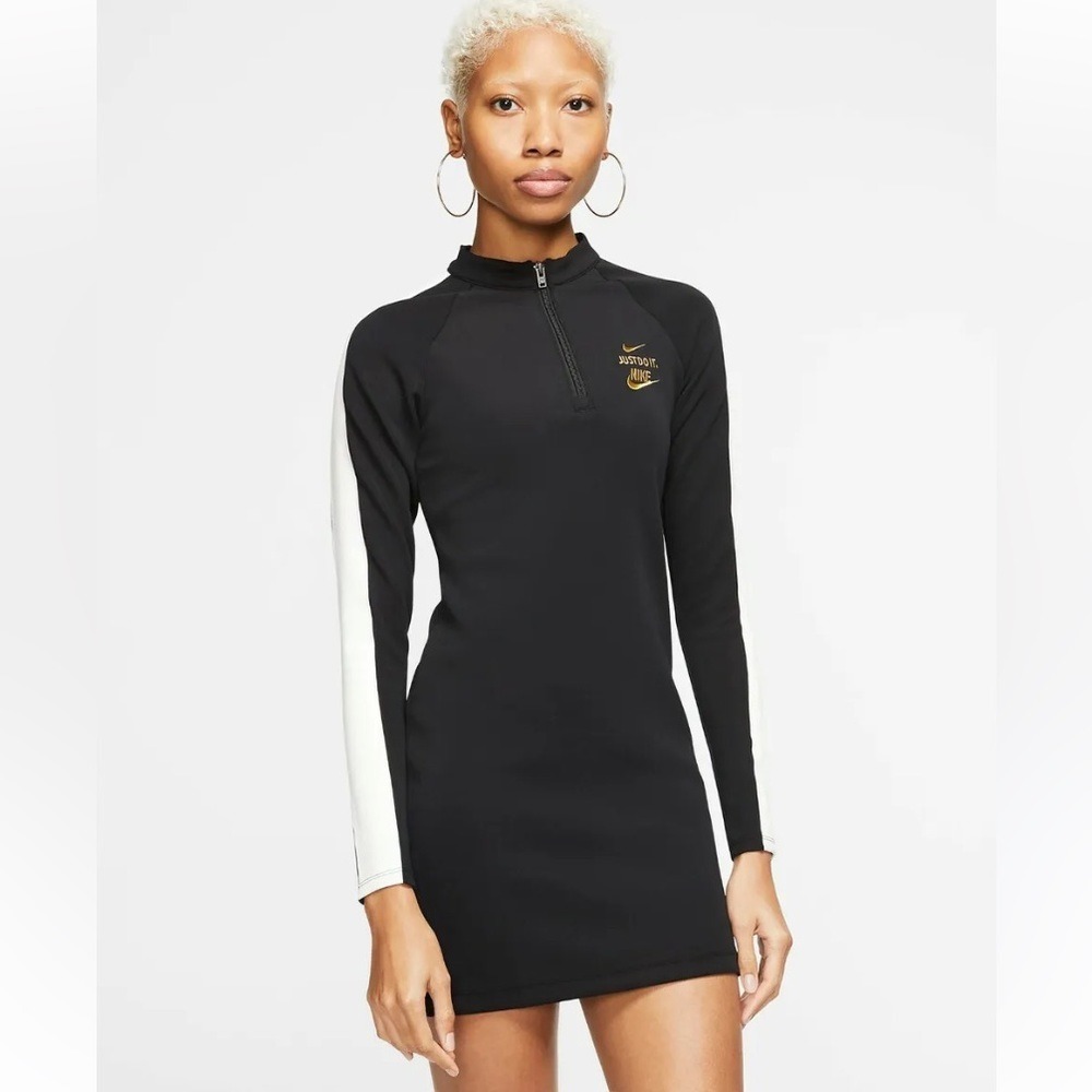 Nike Mock Neck Half Zip Bodycon Mini Dress Womens XS Black Athleisure NWT